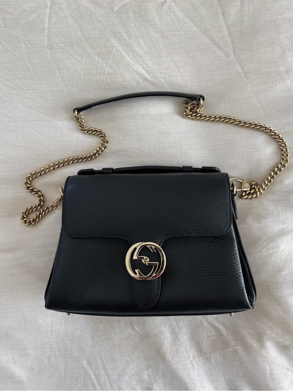 Gucci Interlocking G Black Leather Shoulder Bag with Gold Hardware and Chain